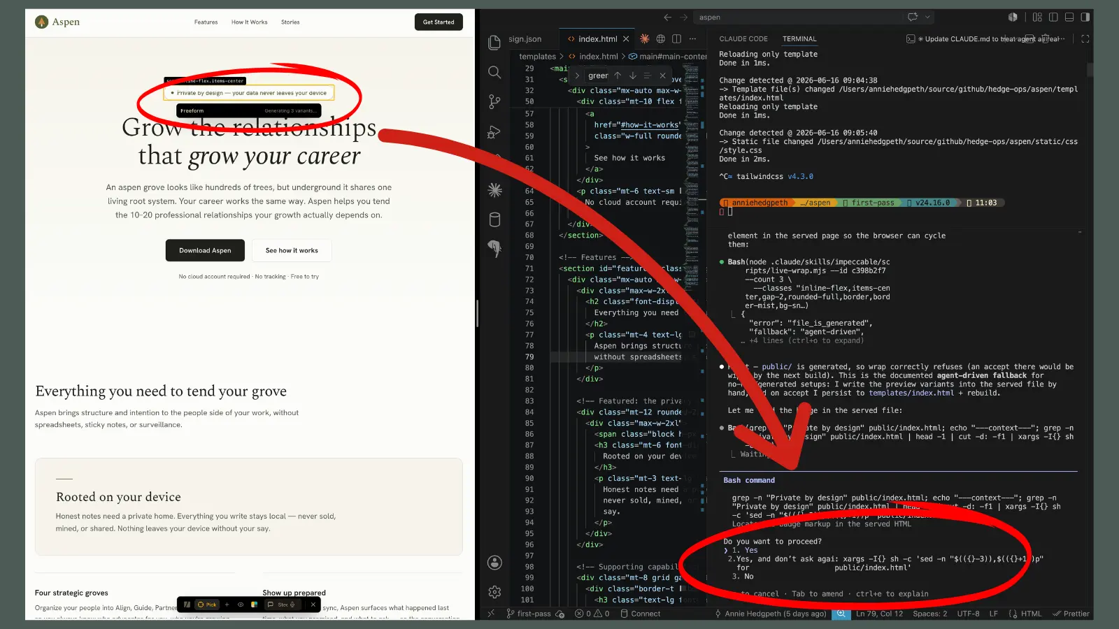 Impeccable live with VSCode side by side